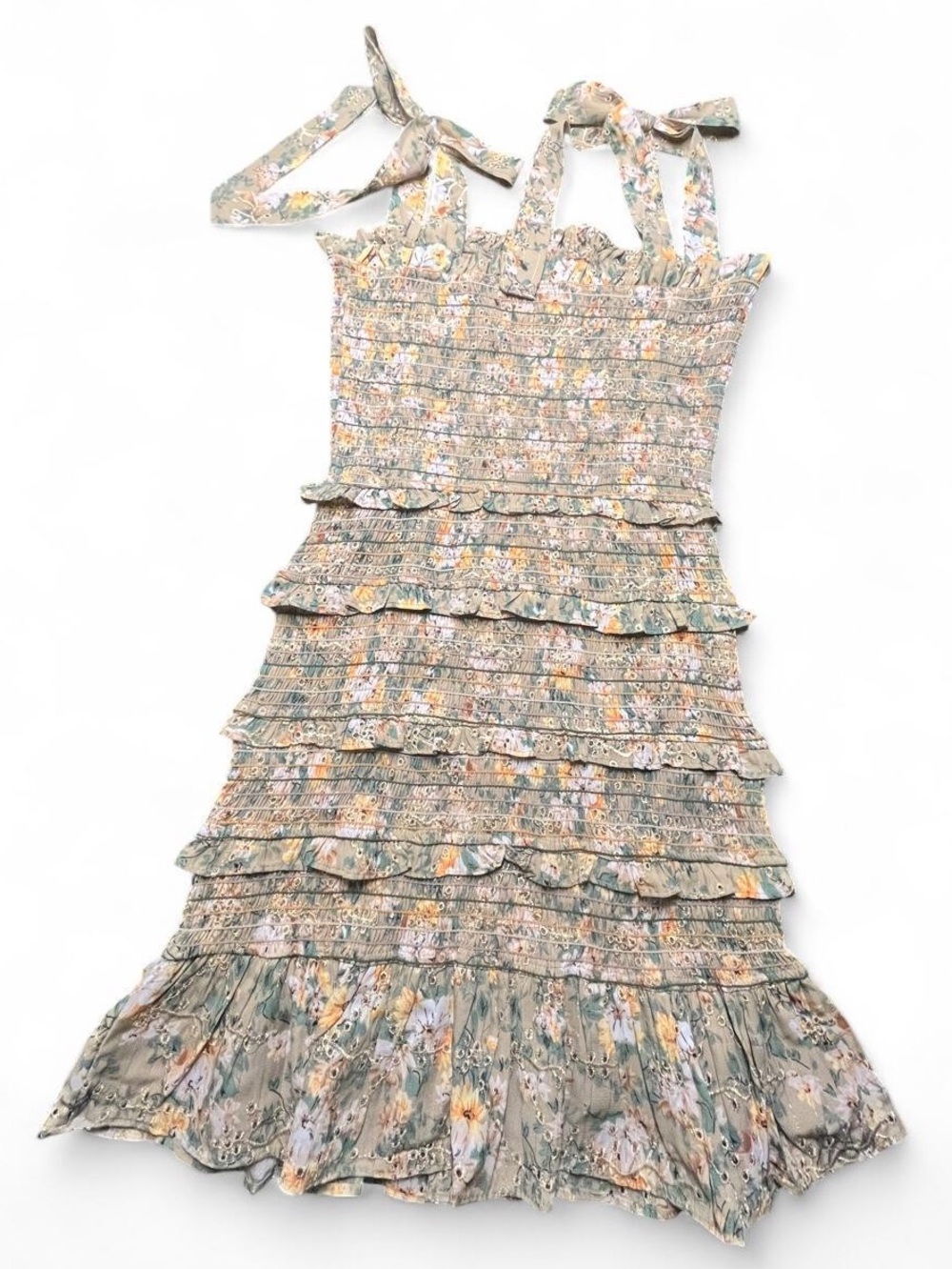 Storia Gathered, Layered, & Lined Sundress with gold trim, M